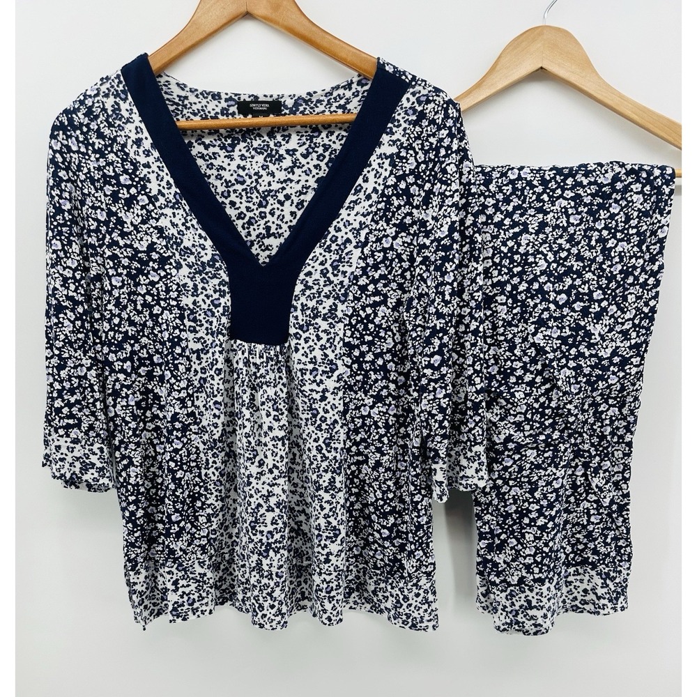 Simply Vera Wang Sz M Pajama Set Navy White Flowers Boho Soft Lounge EE54